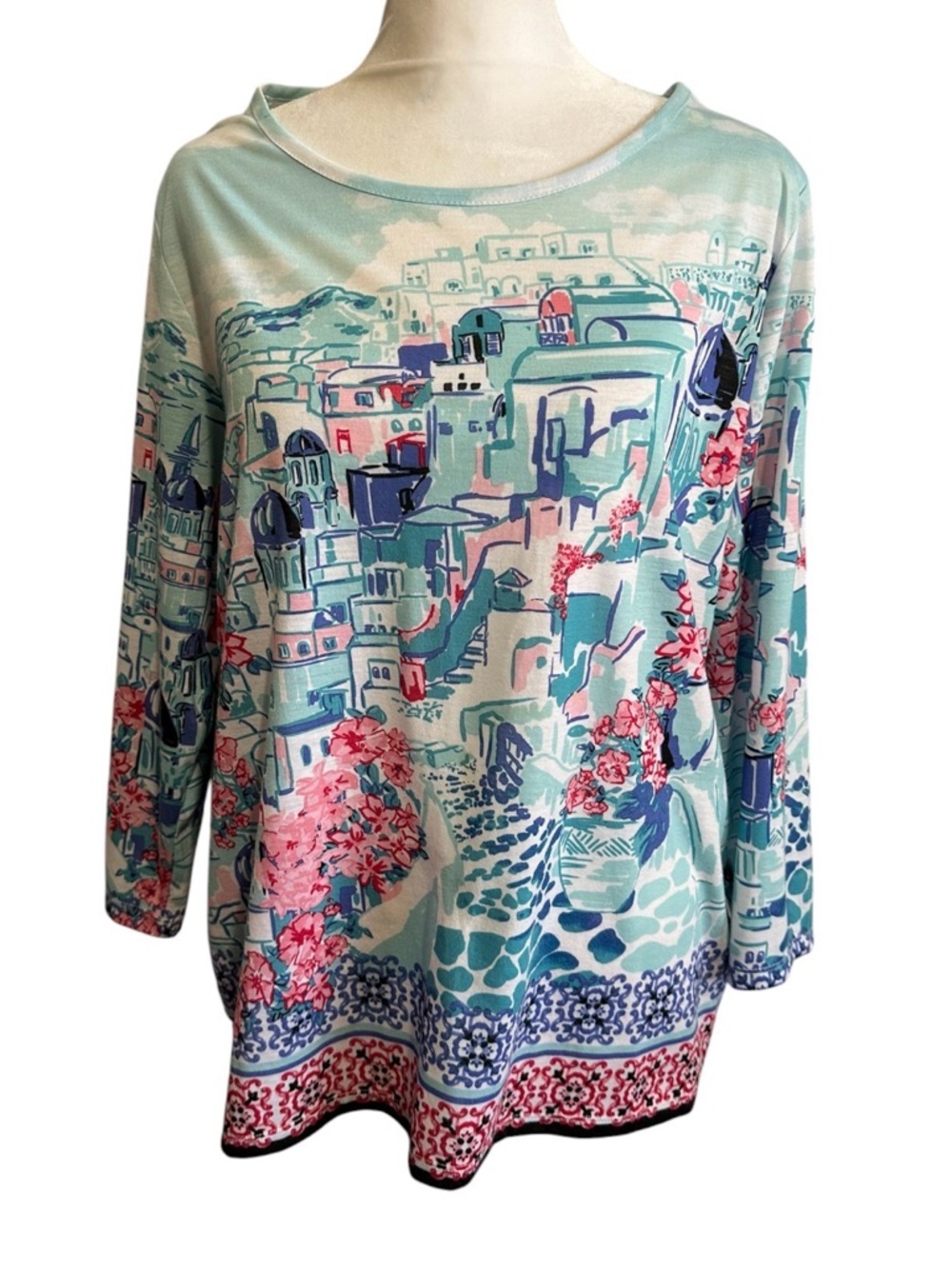 Allison Daley Scenic Print Long-Sleeve Top - Aqua Pink Navy size PL/G